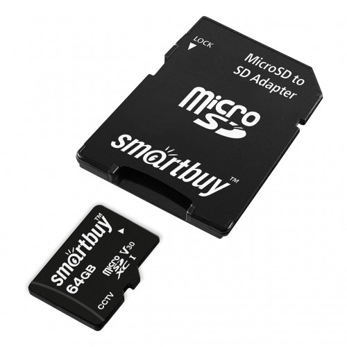 Карта памяти MicroSD 64GB Class 10 UHS-I V10 для видеонаблюдения + SD адаптер,  SmartBuy (SB64GBSDCCTV)