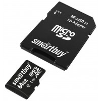 Карта памяти MicroSD 64GB Class 10 UHS-I + SD адаптер, SmartBuy (SB64GBSDCL10-01)