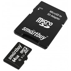 Карта памяти MicroSD 64GB Class 10 UHS-I + SD адаптер, SmartBuy (SB64GBSDCL10-01)