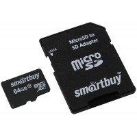 Карта памяти MicroSD 64GB Class 10 + SD адаптер, SmartBuy (SB64GBSDCL10-01LE)