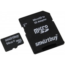 Карта памяти MicroSD 64GB Class 10 + SD адаптер, SmartBuy (SB64GBSDCL10-01LE)