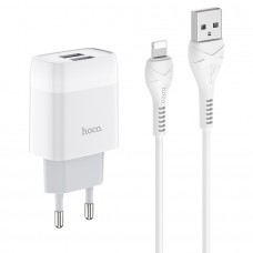 Сетевое зарядное устройство 2хUSB-кабель Lightning 8-pin, HOCO C73A Glorious, 2400mA, цвет: белый