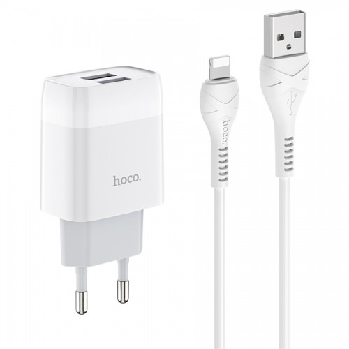 Сетевое зарядное устройство 2хUSB-кабель Lightning 8-pin, HOCO C73A Glorious, 2400mA, цвет: белый