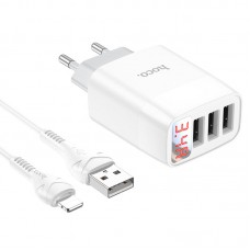 Сетевое зарядное устройство 3хUSB-кабель-Lightning 8-pin,HOCO C93A Easy, 3400mA, 10.8W, белый 