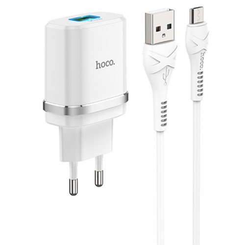 Сетевое зарядное устройство 1xUSB-кабель USB - Micro, HOCO C12Q Smart, 3A, 18W, белый