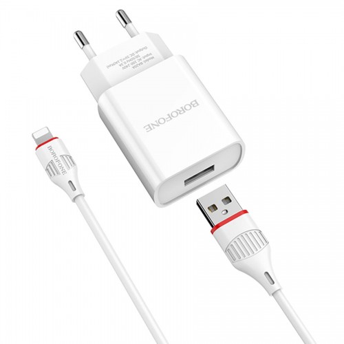 Сетевое зарядное устройство 1хUSB-Lightning 8-pin, Borofone BA20A Sharp, 2100mA, цвет: белый