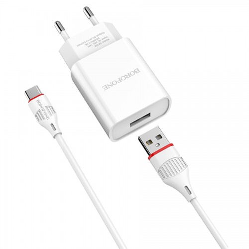 Сетевое зарядное устройство 1xUSB - кабелем Type-C, BOROFONE BA20A Sharp, 2.1A, белый