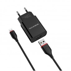 Сетевое зарядное устройство 1хUSB-Lightning 8-pin, Borofone BA20A Sharp, 2100mA, цвет: черный