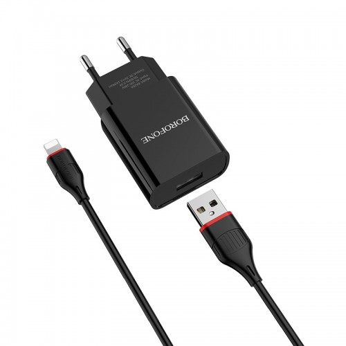 Сетевое зарядное устройство 1хUSB-Lightning 8-pin, Borofone BA20A Sharp, 2100mA, цвет: черный