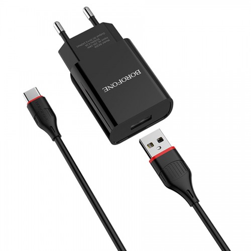 Сетевое зарядное устройство 1xUSB - кабелем Type-C, BOROFONE BA20A Sharp, 2.1A, черный