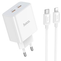 Сетевое зарядное устройство 2xUSB-C - кабель Type-C - Lightning, HOCO C108A Leader , 3.0A, 35W, белый