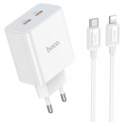 Сетевое зарядное устройство 2xUSB-C - кабель Type-C - Lightning, HOCO C108A Leader , 3.0A, 35W, белый