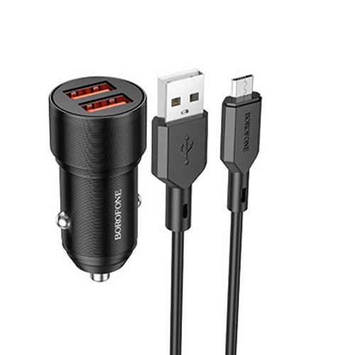 Автомобильное зарядное устройство 2 USB- кабель Micro USB, Borofone BZ19B Wisdom, 12Вт, QC3.0, цвет: черный