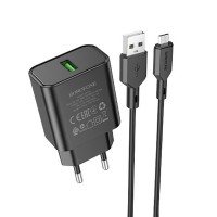 Сетевое зарядное устройство 1хUSB-кабель micro USB, Borofone BA72A Spring, 3.0A, QC3.0, 18W, черный