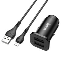 Автомобильный блок питания 2 USB-кабельUSB-Lightning, HOCO NZ4 Wise, 4800mA, чёрный