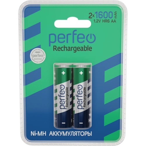 Аккумулятор Ni-Mh, 1600 mAh, АА, 2 шт., цена за 1 шт., Perfeo (PF AA1600/2BL PL), пластиковый блистер