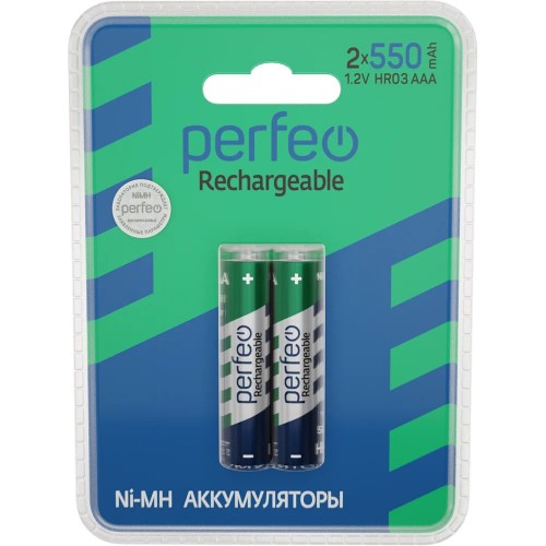 Аккумулятор Ni-Mh, 550 mAh, ААА, 2 шт., цена за 1 шт., Perfeo (PF AAA550/2BL PL), пластиковый блистер