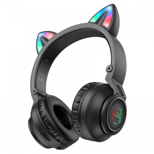 Беспроводные детские наушники, микрофон, Borofone BO18 Cat Ear, bluetooth 5.0, AUX, цвет: черный