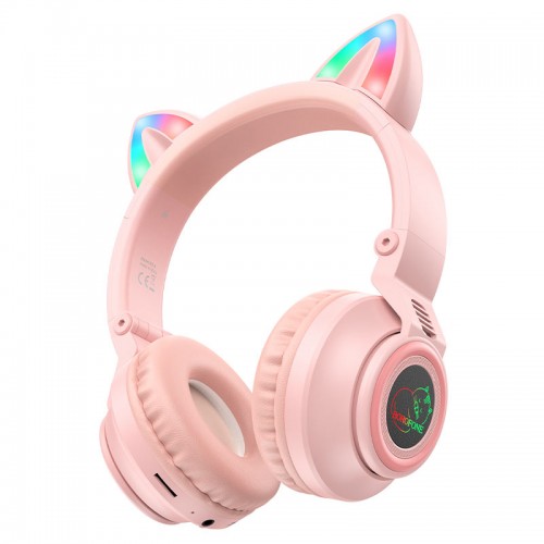 Беспроводные детские наушники, микрофон, Borofone BO18 Cat Ear, bluetooth 5.0, AUX, цвет: розовый